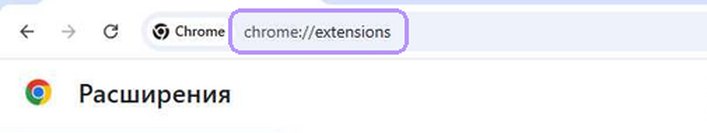 Адрес chrome://extensions в адресной строке, страница «Расширения»